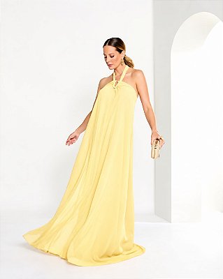 VESTIDO LONGO CHIFFON TOMARA QUE CAIA C/ AMARRAÇÃO DETALHE DECOTE AMARELO MANTEIGA