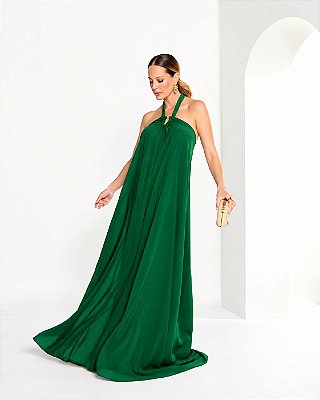 VESTIDO LONGO CHIFFON TOMARA QUE CAIA C/ AMARRAÇÃO DETALHE DECOTE VERDE ESMERALDA