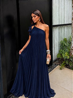 VESTIDO LONGO CREPE DE SEDA DECOTE ASSIMETRICO C/ AMARRAÇAO PLISSADO AZUL MARINHO