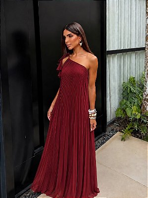VESTIDO LONGO CREPE DE SEDA DECOTE ASSIMETRICO C/ AMARRAÇAO PLISSADO MARSALA