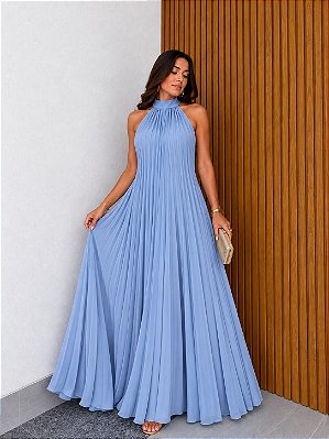 VESTIDO LONGO CREPE DE SEDA GOLA ALTA AMARRAÇÃO FRENTE ÚNICA PLISSADO AZUL SERENITY