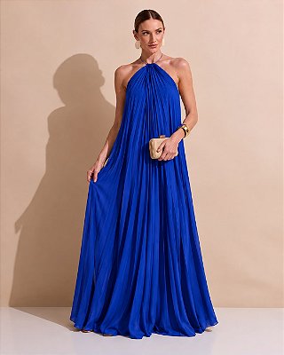 VESTIDO LONGO CREPE DE SEDA FRENTE ÚNICA GOLA C/ ARGOLA METÁLICA COMPRIMENTO PLISSADO AZUL ROYAL