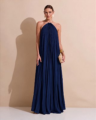 VESTIDO LONGO CREPE DE SEDA FRENTE ÚNICA GOLA C/ ARGOLA METÁLICA COMPRIMENTO PLISSADO AZUL MARINHO
