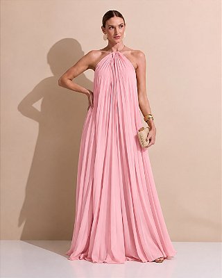 VESTIDO LONGO CREPE DE SEDA FRENTE ÚNICA GOLA C/ ARGOLA METÁLICA COMPRIMENTO PLISSADO ROSA BEBE