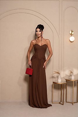 VESTIDO LONGO CHIFFON TOMARA QUE CAIA DETALHE NA CINTURA MARROM