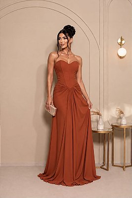 VESTIDO LONGO CHIFFON TOMARA QUE CAIA DETALHE NA CINTURA TERRACOTA