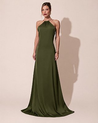VESTIDO SEDA FRENTE ÚNICA GOLA MODELO COLAR VERDE OLIVA