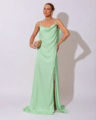 VESTIDO LONGO SEDA DECOTE DRAPEADO LISO COSTAS COM CAMADA SOBREPOSTA VERDE MENTA