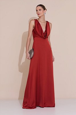VESTIDO LONGO SEDA ALÇA LARGA DECOTE GOLA BOBA  AMARRAÇÃO COSTAS MARSALA