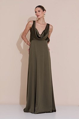 VESTIDO LONGO SEDA ALÇA LARGA DECOTE GOLA BOBA  AMARRAÇÃO COSTAS VERDE OLIVA