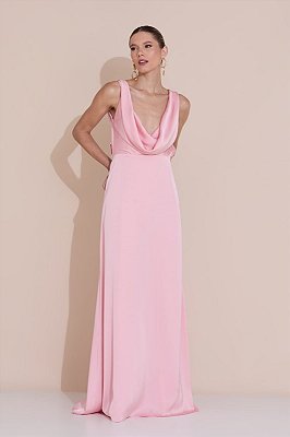VESTIDO LONGO SEDA ALÇA LARGA DECOTE GOLA BOBA  AMARRAÇÃO COSTAS ROSÊ