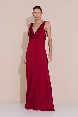 VESTIDO LONGO SEDA ALÇA LARGA DECOTE GOLA BOBA  AMARRAÇÃO COSTAS TERRACOTA