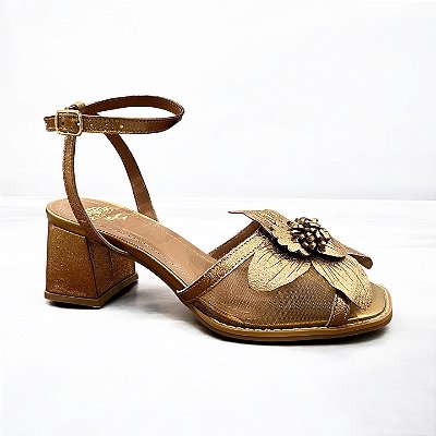 SANDÁLIA ALLYMA COURO FLOR TELA BRONZE
