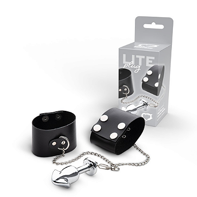 Plug Anal Lite Prata em Formato de Pênis com Correntes e Algema