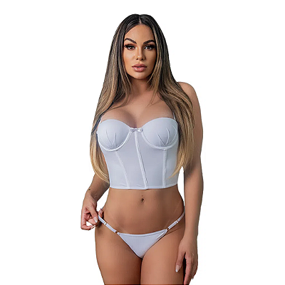 Conjunto Corselet Microfibra com Barbatana e Bojo BRANCO