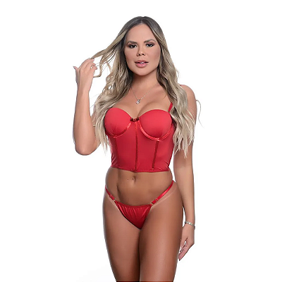 Conjunto Corselet Microfibra com Barbatana e Bojo VERMELHO