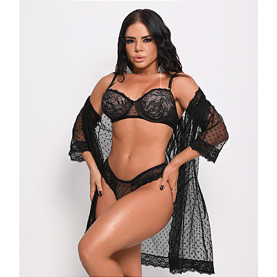 Conjunto de Renda com Tule Poá com Aro e Hobby PRETO