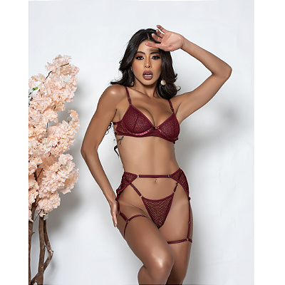 Conjunto Arrastão com Aro e Cinta Liga VINHO