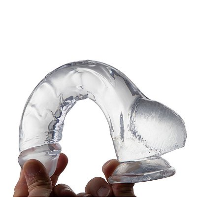 Protese Translúcida 24 x 4cm com 16 Penetrável em Jelly com Ventosa, Possui Glande Pequena e Escroto – GLASSY DILDO