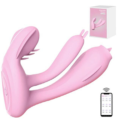 Vibrador com Estimulador e Dupla Penetração Via APP Recarregável