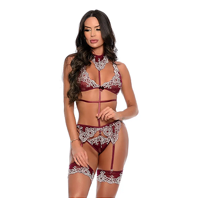 Conjunto Renda Bicolor Tiras Duplas com Cinta Liga VINHO