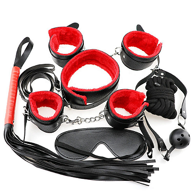 Kit Bondage com 7 Peças com Forro em Pelúcia VERMELHO + PRETO