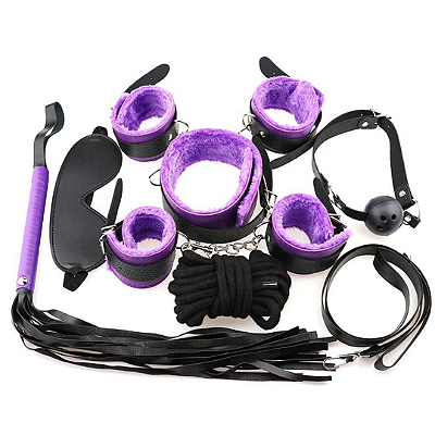 Kit Bondage com 7 Peças com Forro em Pelúcia ROXO + PRETO