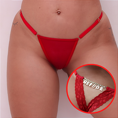 Calcinha Fio Dental Gis Strass com Escrita Me Fode Aberta VERMELHA