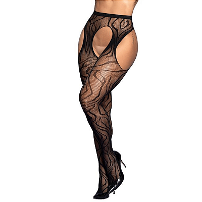 Meia Calca com Cinta Liga Integrada Riscada Preta