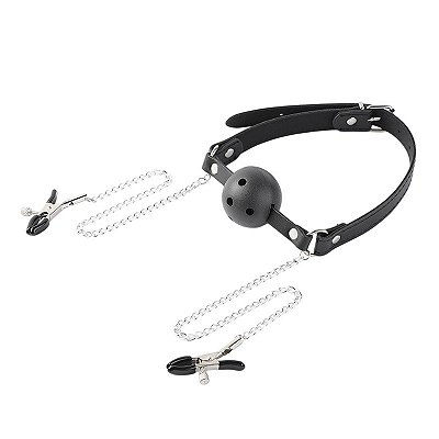Mordaça de Bola com Corrente Dupla e Prendedor de Mamilos