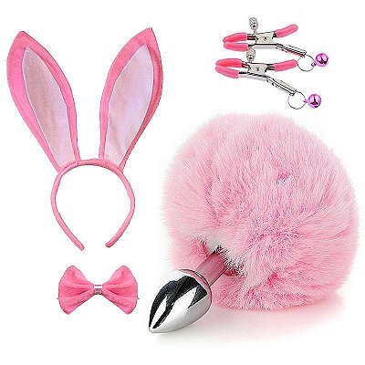 Kit Coelhinha Rosa (Tiara + Plug Pompom P + Laço + Prendedor Mamilo)