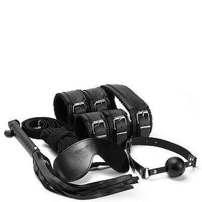 Kit Bondage com 7 Peças (Venda, Mordaça, Par de Algemas e Tornozeleiras, Chicote e Coleira)