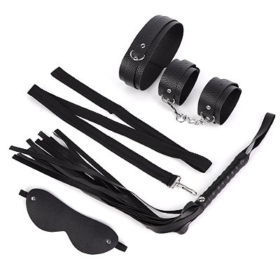 Kit Sado Bondage com 5 Produtos (Venda + Algema + Chicote + Coleira + Guia)