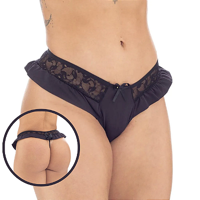 Calcinha Fio em Renda e Babados Iulli - Tamanho M - PRETO