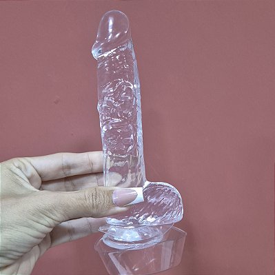 Prótese Translúcida 14,5x2,6cm cm com Veias Salientes, Glande, Escroto e Ventosa