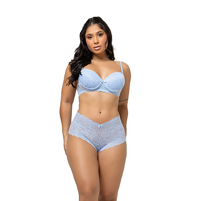 Conjunto Rendado Marjorie com Sutia e Calecon com BOJO - AZUL FROZEN