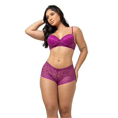 Conjunto Rendado Marjorie com Sutia e Calecon com BOJO - ROXO