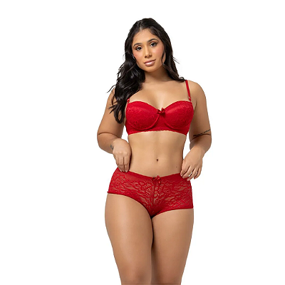 Conjunto Rendado Marjorie com Sutia e Calecon com BOJO - VERMELHO