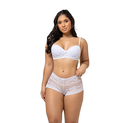 Conjunto Rendado Marjorie com Sutia e Calecon com BOJO - BRANCO