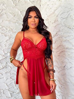 Camisola Melissa em Renda e Tule com Abertura (ACOMPANHA CALCINHA)