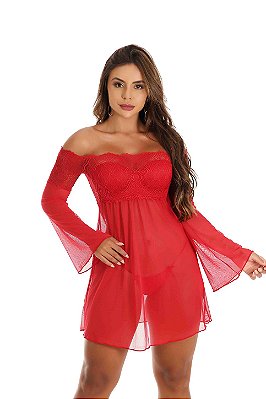 Camisola Kelly em Renda com Bojo e Calcinha - VERMELHO