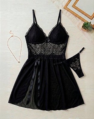 Camisola Annie Sexy em Tule com Fenda e Calcinha - PRETO