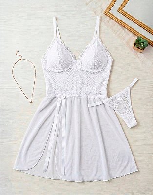 Camisola Annie Sexy em Tule com Fenda e Calcinha - BRANCO