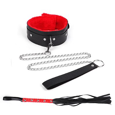 Kit Coleira com Guia Corrente com Chicote - VERMELHO + PRETO