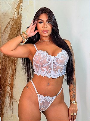 Conjunto Gisele Sensual em Tule Bordado BRANCO