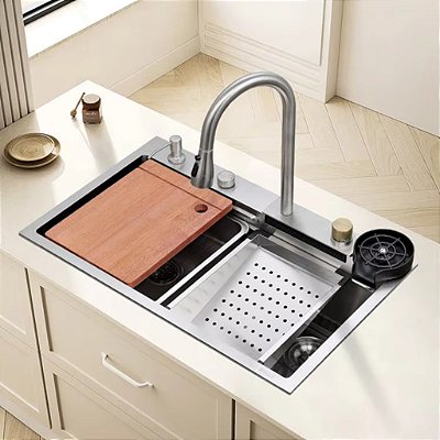 Cuba para Cozinha 75x46cm em Aço Inox 304 Gourmet Escovada com Torneira com Cascata