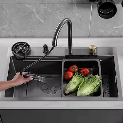 Cuba para Cozinha 75x46cm em Aço Inox 304 Gourmet Cinza Black com Torneira com Cascata