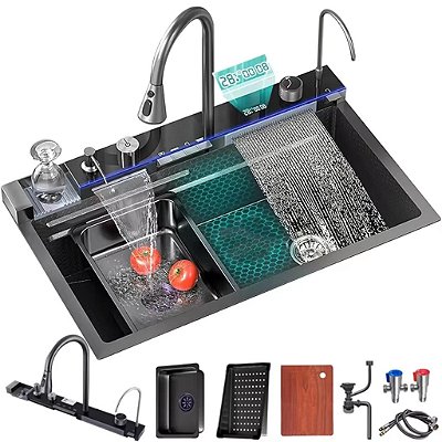 Cuba Inteligente para Cozinha 75x46cm em Aço Inox 304 Gourmet Black com Torneira com Cascata