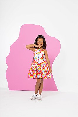 Vestido Infantil Rodado Arco-Íris e Corações - Crepe Moss