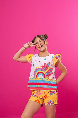 Conjunto Infantil Blusa Manga Babado e Shorts Estampado - Arco-Íris e Flores